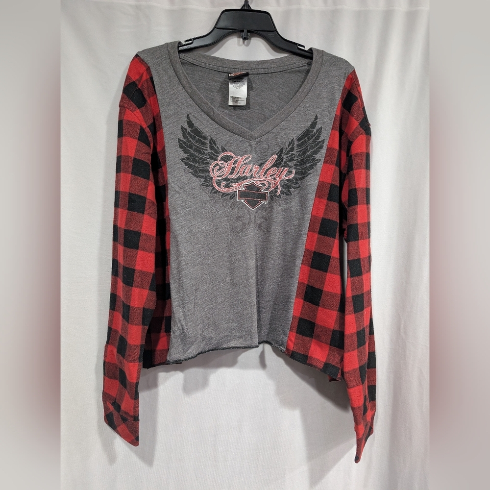SOLD Upcycled Harley Flannel Top Reworked V-Neck Plaid Mash-Up Grunge Shirt